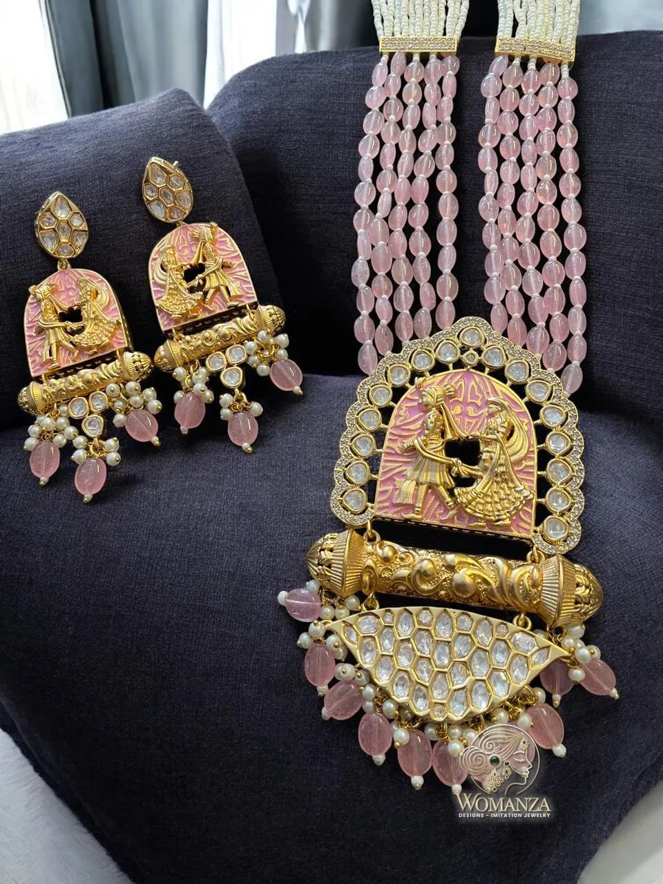 Regal Folk Dance Carved Long Necklace Set with Pastel Pink Beads