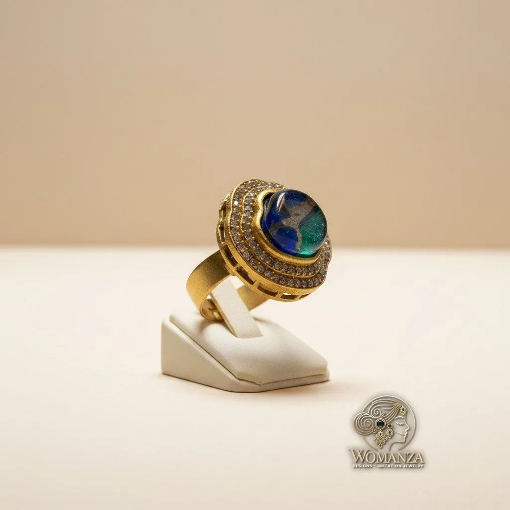 Gold-Tone Artistic Stone Ring with Double CZ Halo
