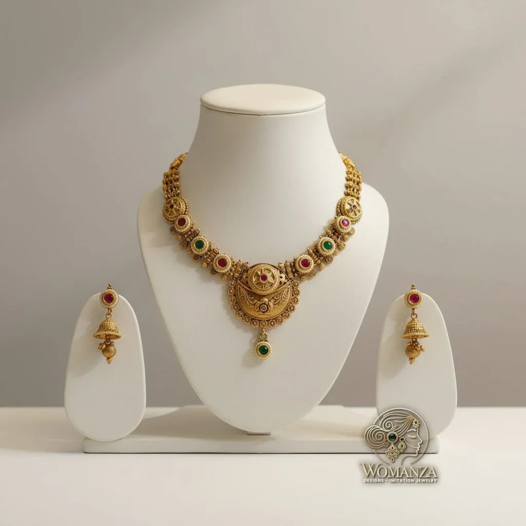 Antique Lakshmi Coin Necklace Set with Temple Jhumka Earrings