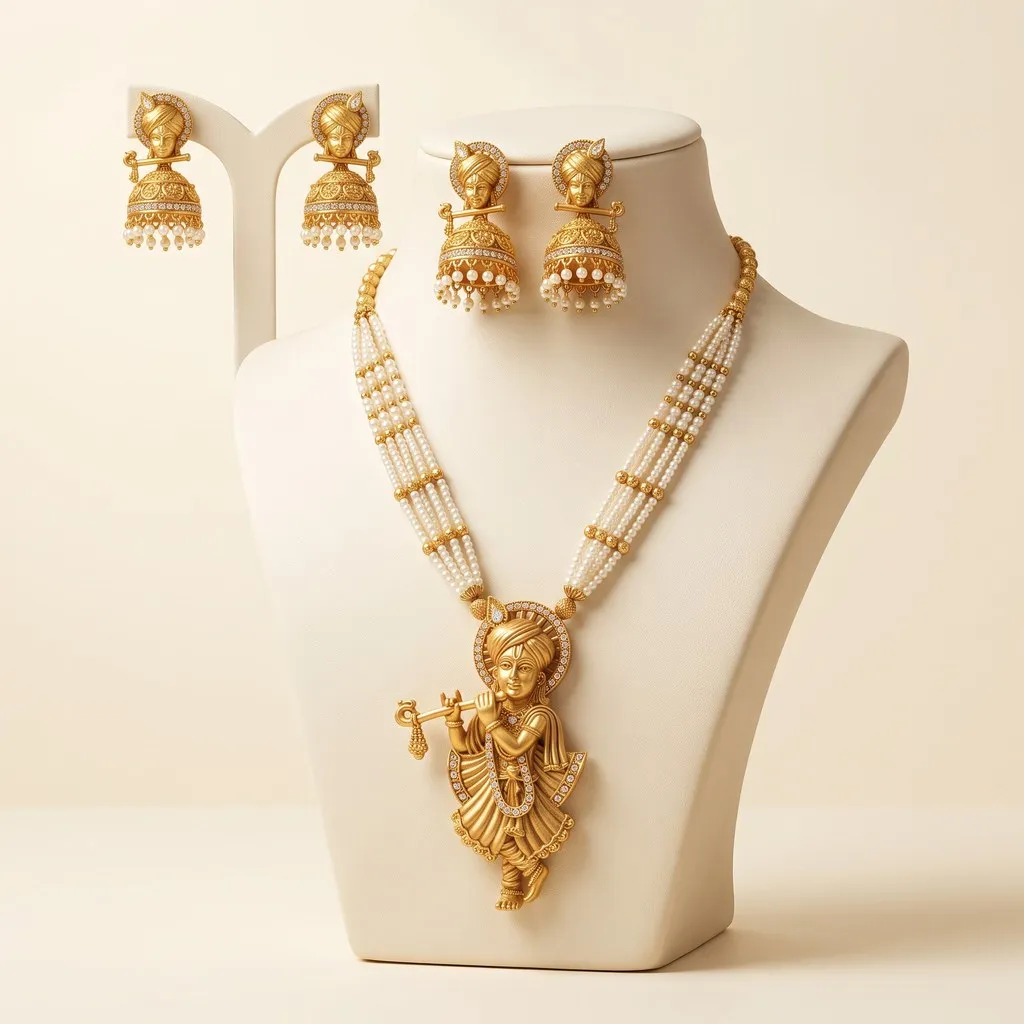 Antique Gold Krishna Rani Haar Necklace Set with Pearl Strands & Jhumkas
