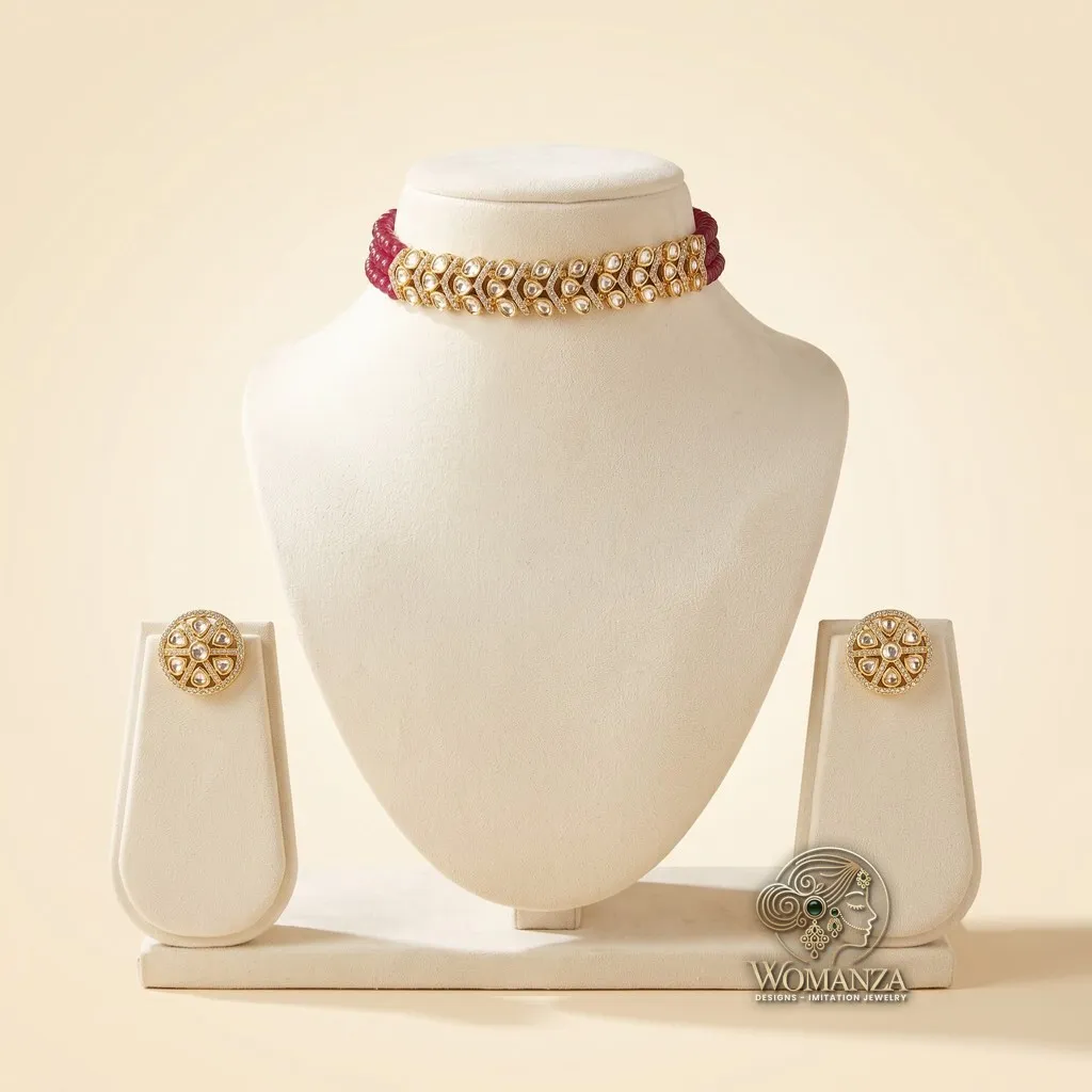 Chevron Polki Choker Set with Ruby-Toned Bead Strands & Floral Studs