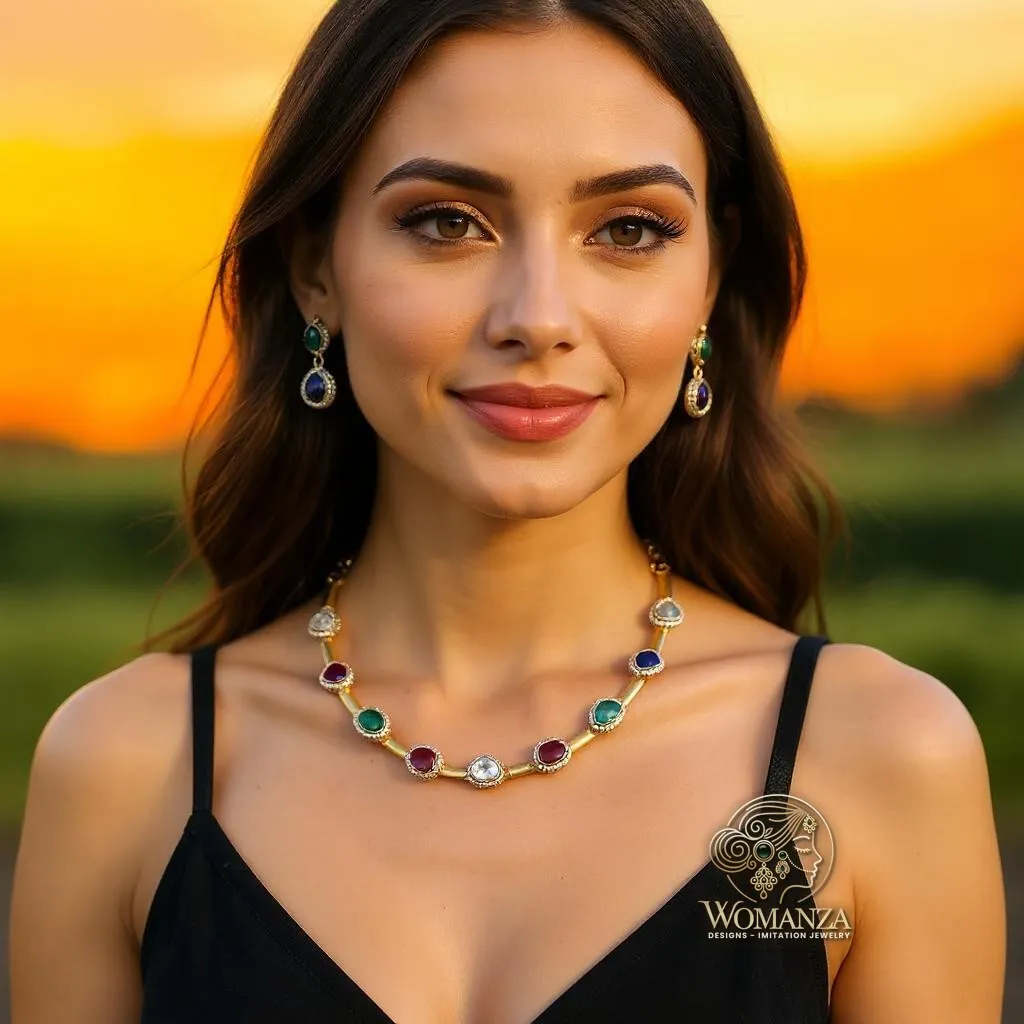 Elegant Multi-Stone Gold Finish Necklace Set