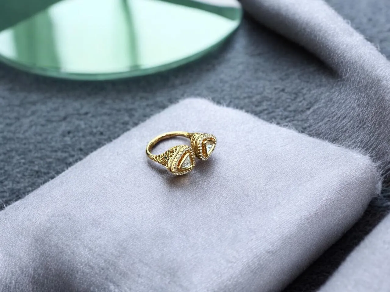 Dual Triangle Open Ring with Beaded Gold-Tone Detailing