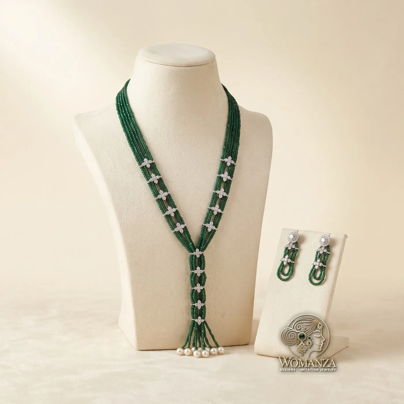 Emerald Green Beaded Mala Necklace Set with AD Carving