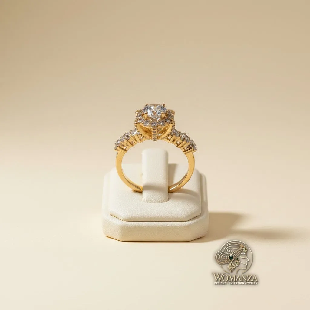 Gold-Tone Solitaire Ring with Baguette Side Stone Detailing