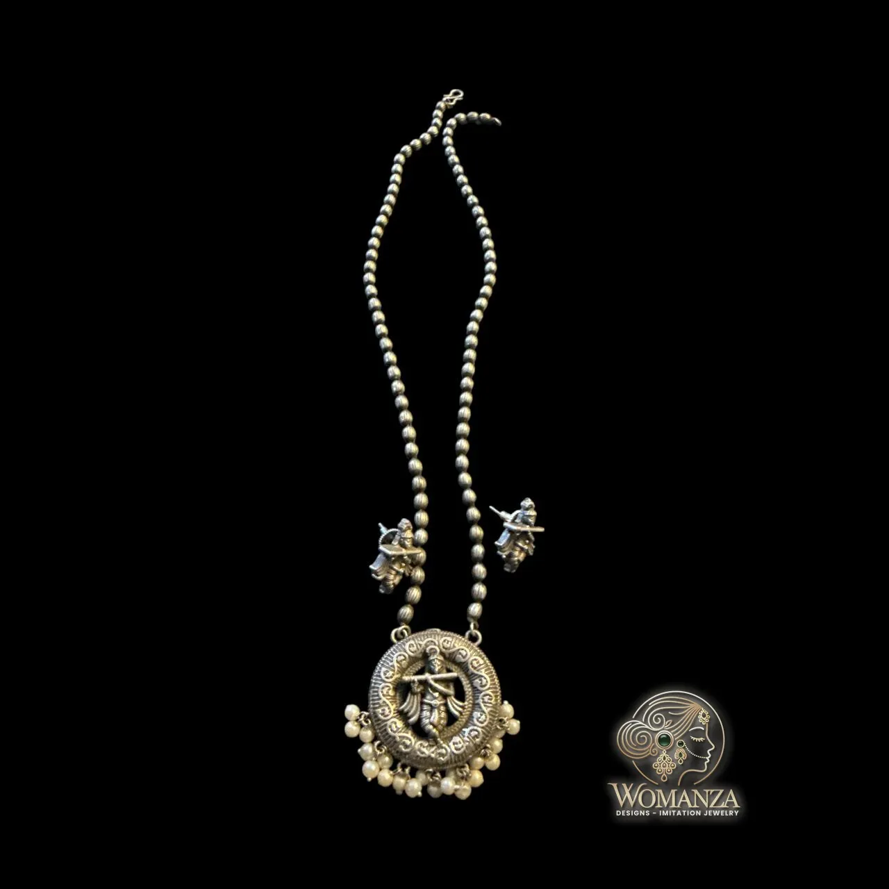 Oxidised Radha Krishna Pendant Necklace Set with Earrings