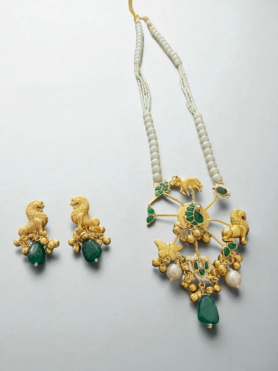 Mythical Royal Charm Long Necklace Set with Lion & Peacock Motifs