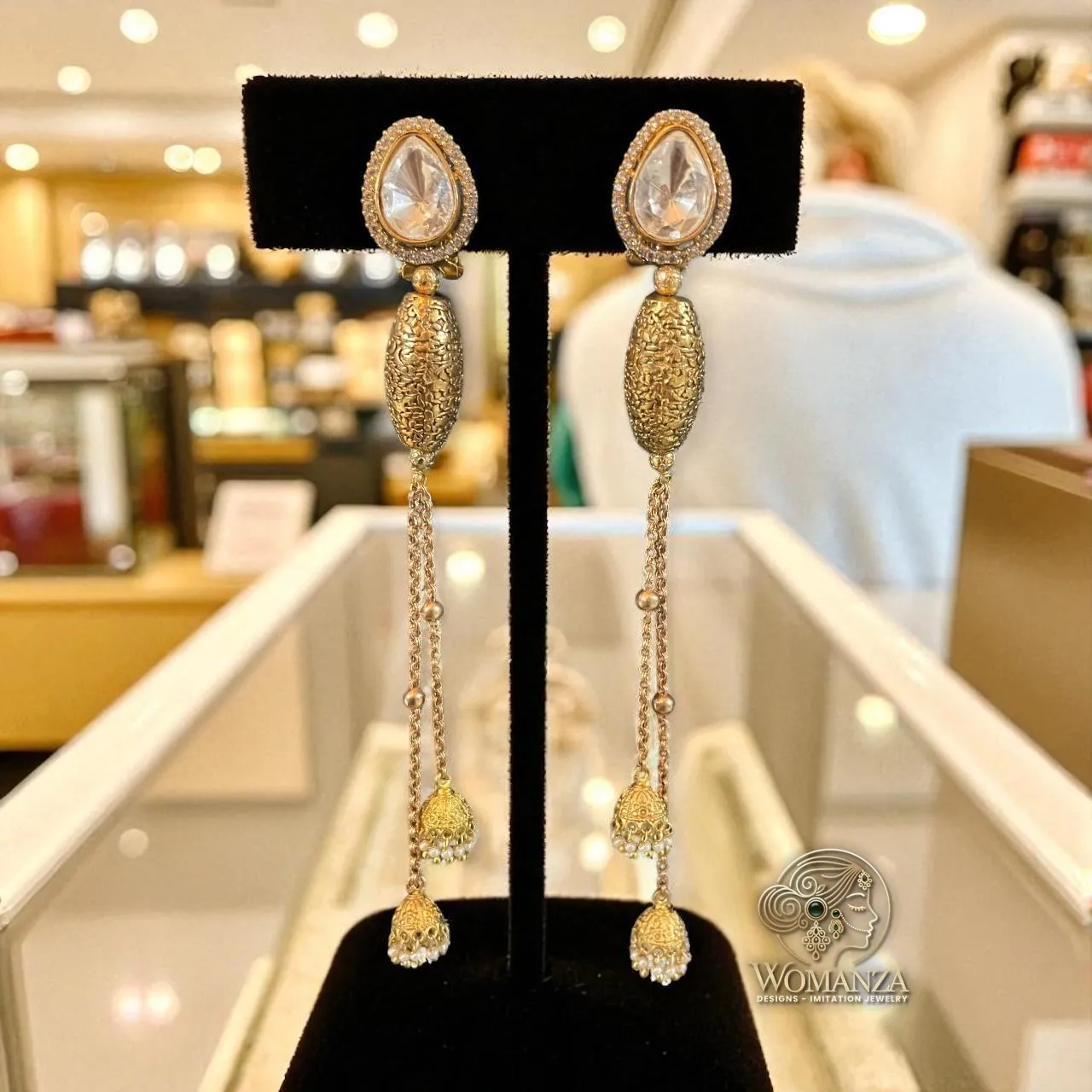 Teardrop Stone Long Dangler Earrings with Dual Chain Drops & Pearl Hangings