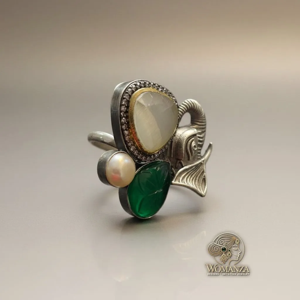 Elephant Motif Oxidised Ring with Pearl & Green Stone