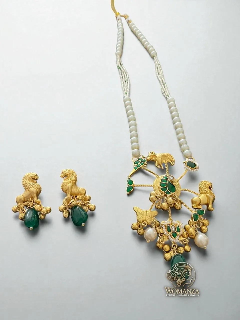 Mythical Royal Charm Long Necklace Set with Lion & Peacock Motifs