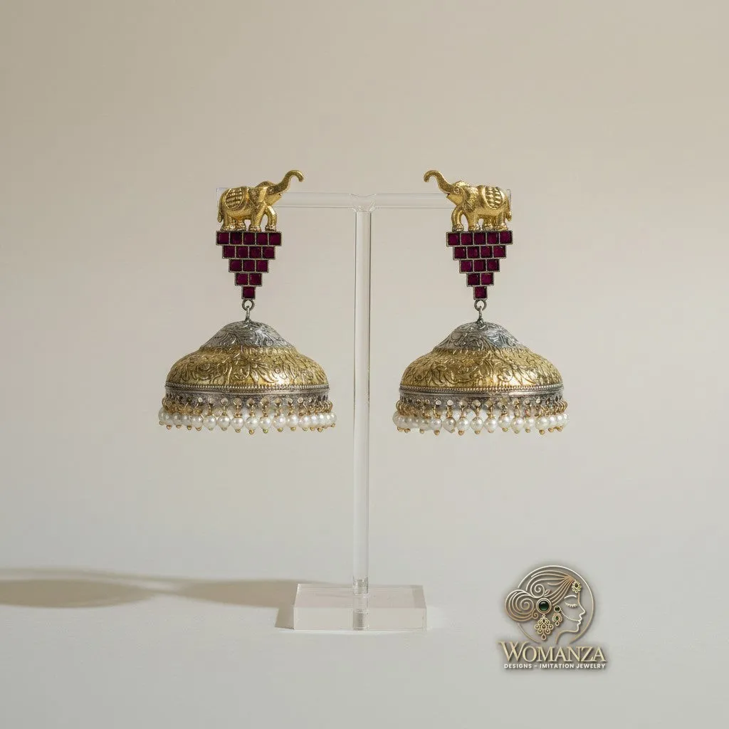 Dual-Tone Elephant Jhumka Earrings with Ruby Stones & Pearl Drops