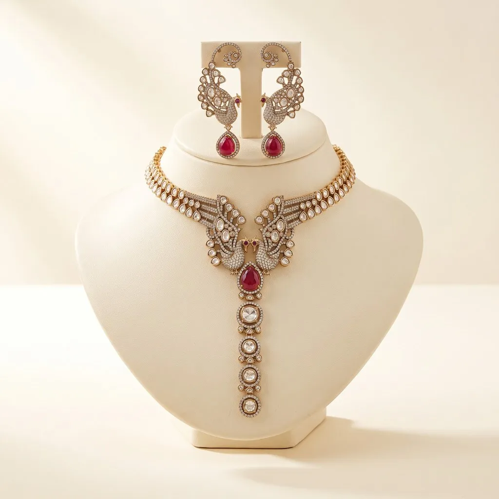 Moissanite Twin Peacock Bridal Necklace Set with Ruby-Red Drop