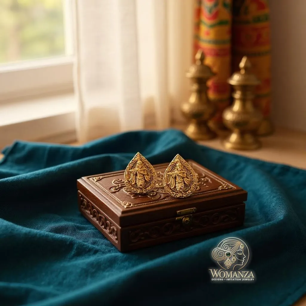 Teardrop Krishna Flute Stud Earrings in Antique Gold Finish