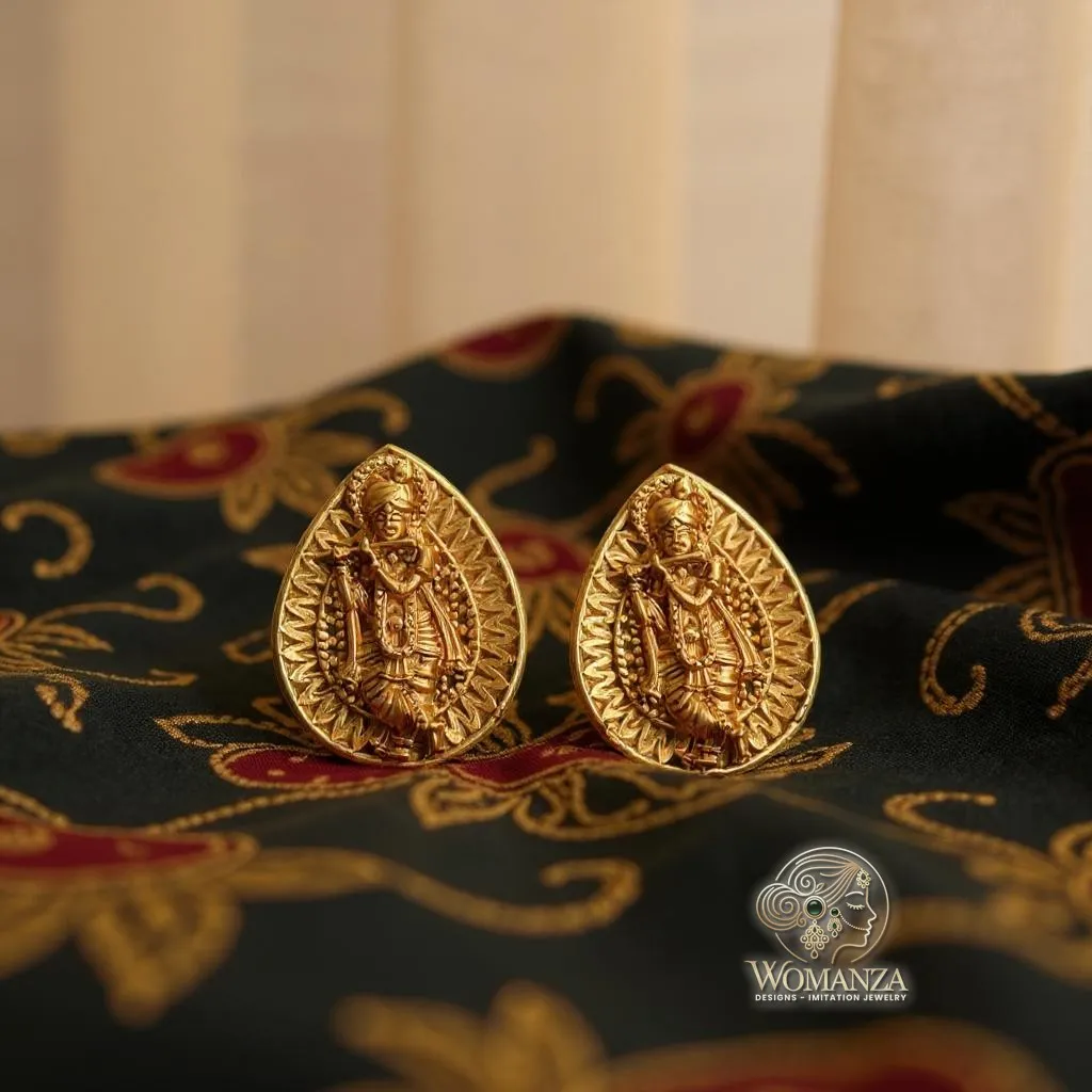 Teardrop Krishna Stud Earrings with Sunburst Pattern in Antique Matte Gold