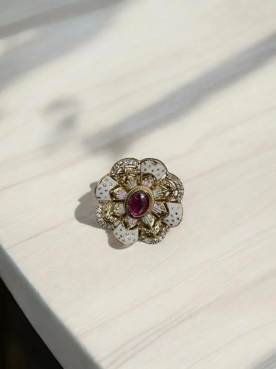 Mughal Bloom Floral Cocktail Ring with Magenta Stone & AD Accents