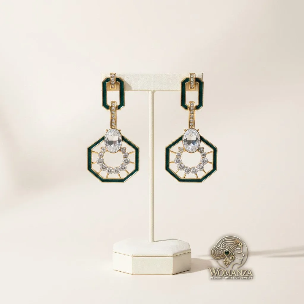 Emerald Glint Geometric Statement Drop Earrings