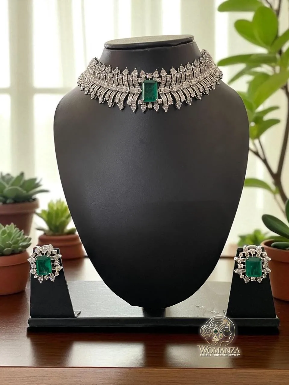 Emerald Radiance Silver-Toned Choker Set with American Diamond Halo