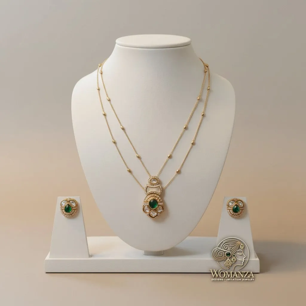 Emerald Green Dual-Layer Pendant Necklace Set with Kundan Detailing