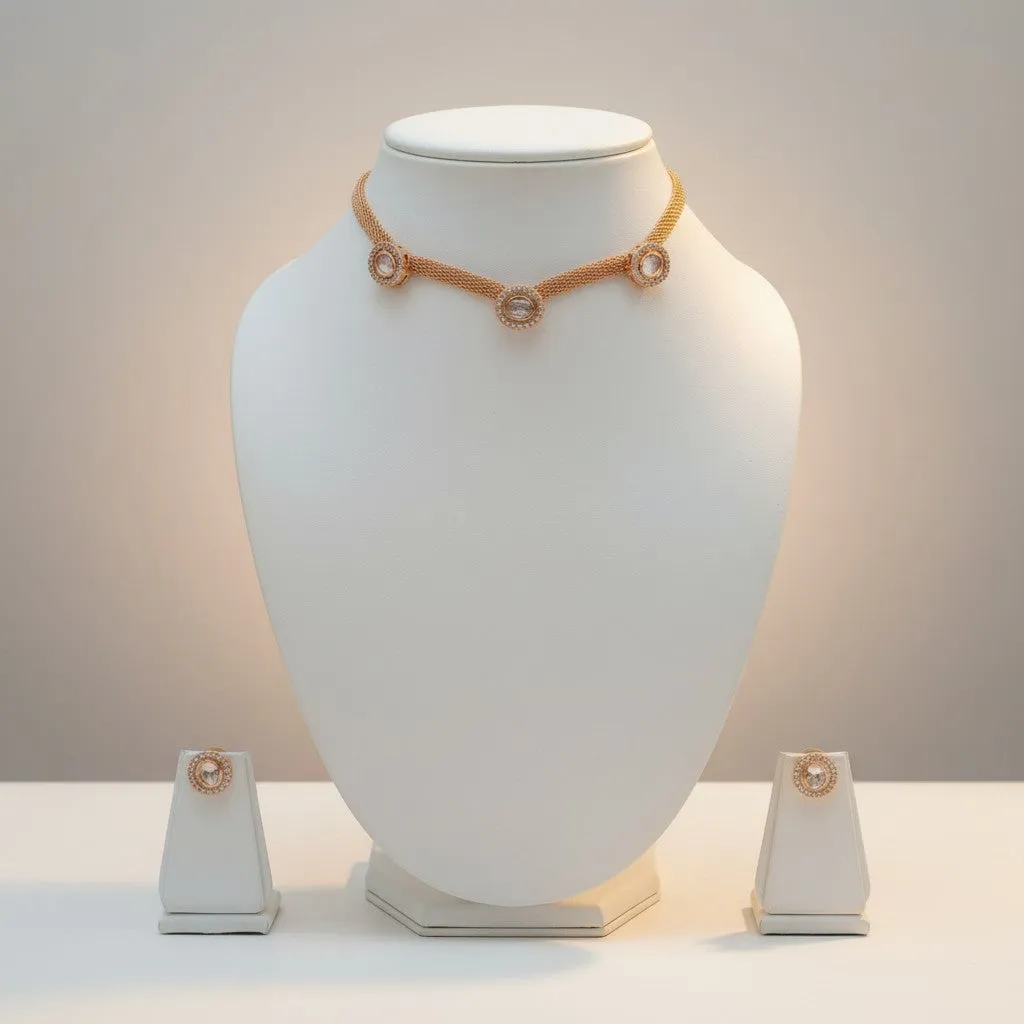 Gold Mesh Choker Necklace Set with Stone-Studded Stud Earrings