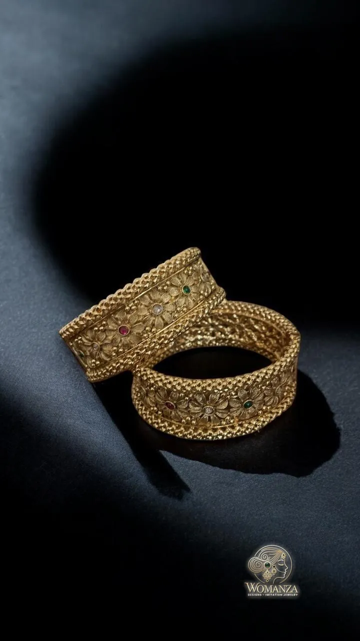 Vintage Floral Mesh Gold Bangles with Multi-Colour Stone Detail (Size 2*6)