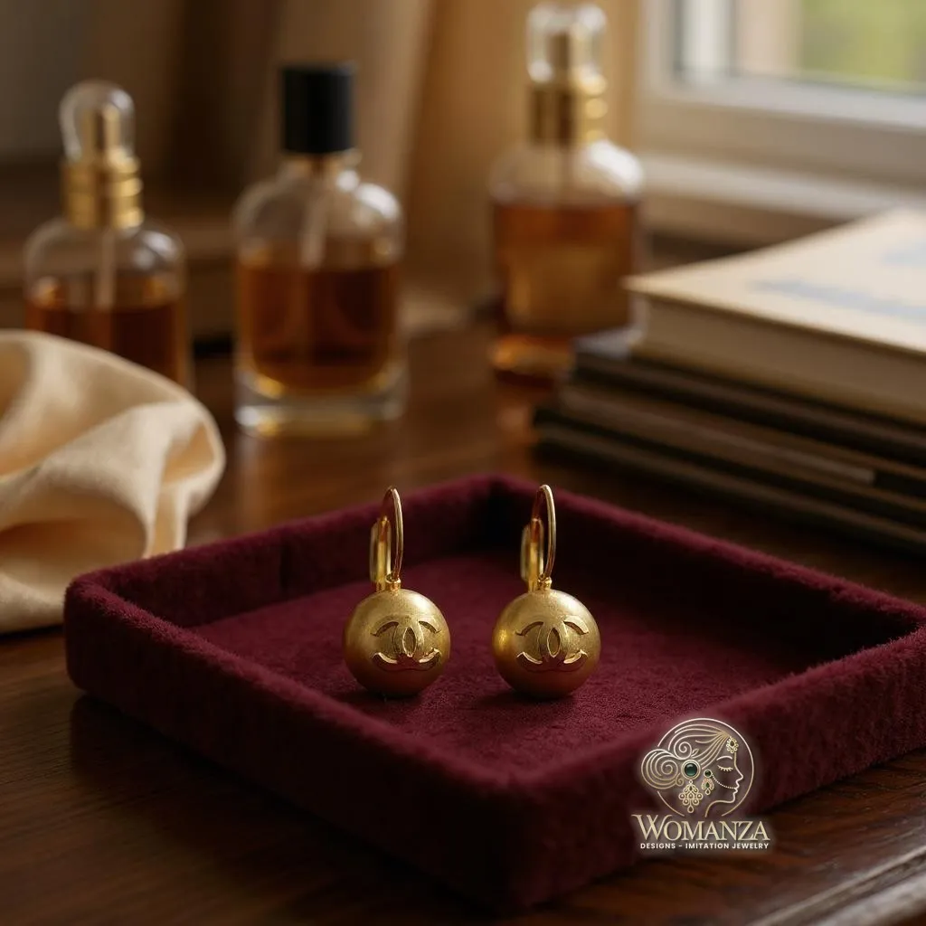 Designer-Inspired Matte Gold Drop Earrings with Spherical Charm