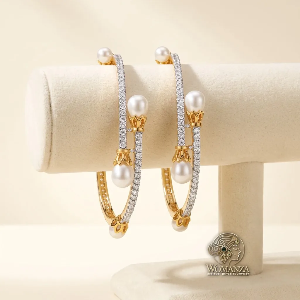 American Diamond Bangle Pair with Pearl Drops in Lotus Caps — Size 2.4
