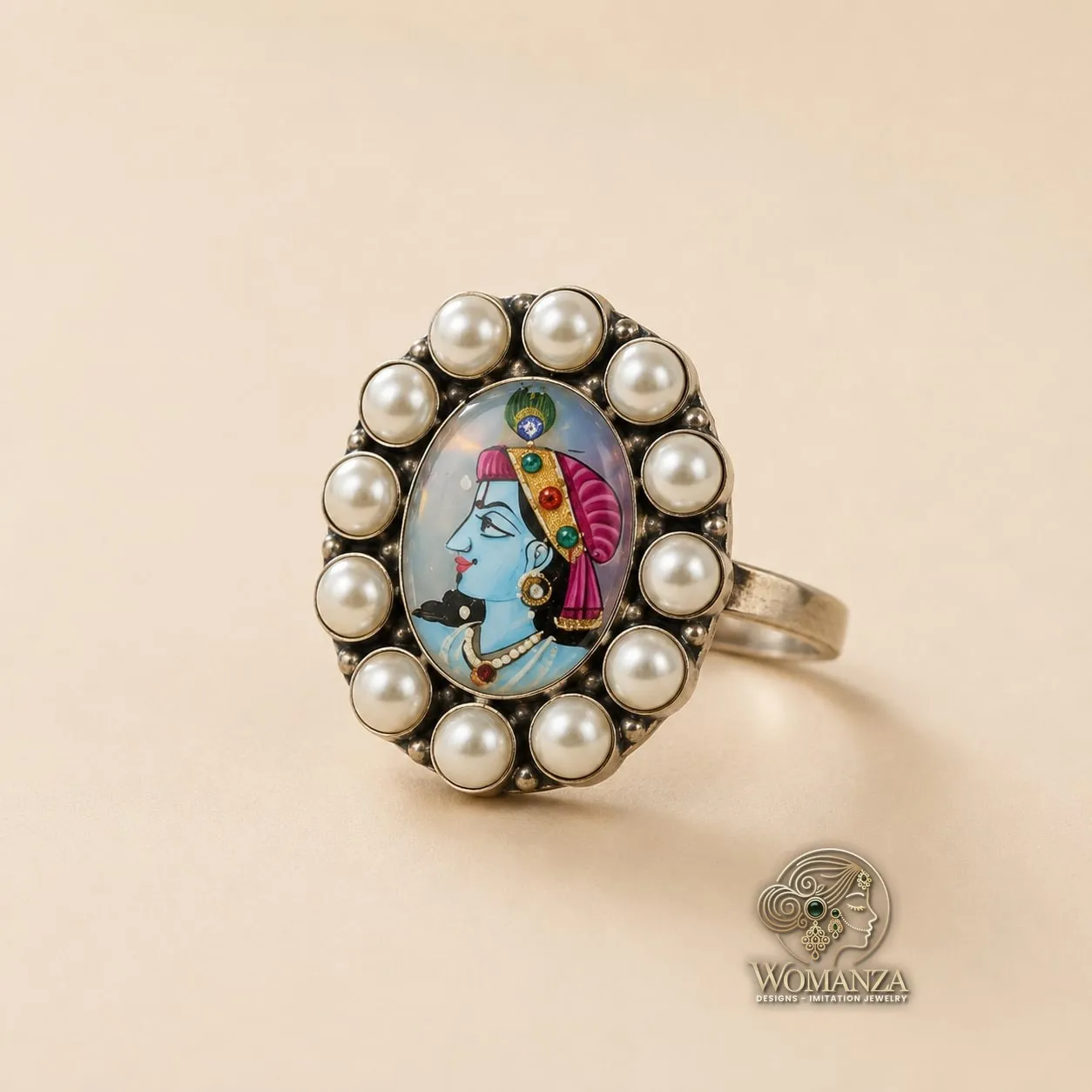 Maharaja Portrait Ring with Tanjore-Inspired Print & Pearl Border