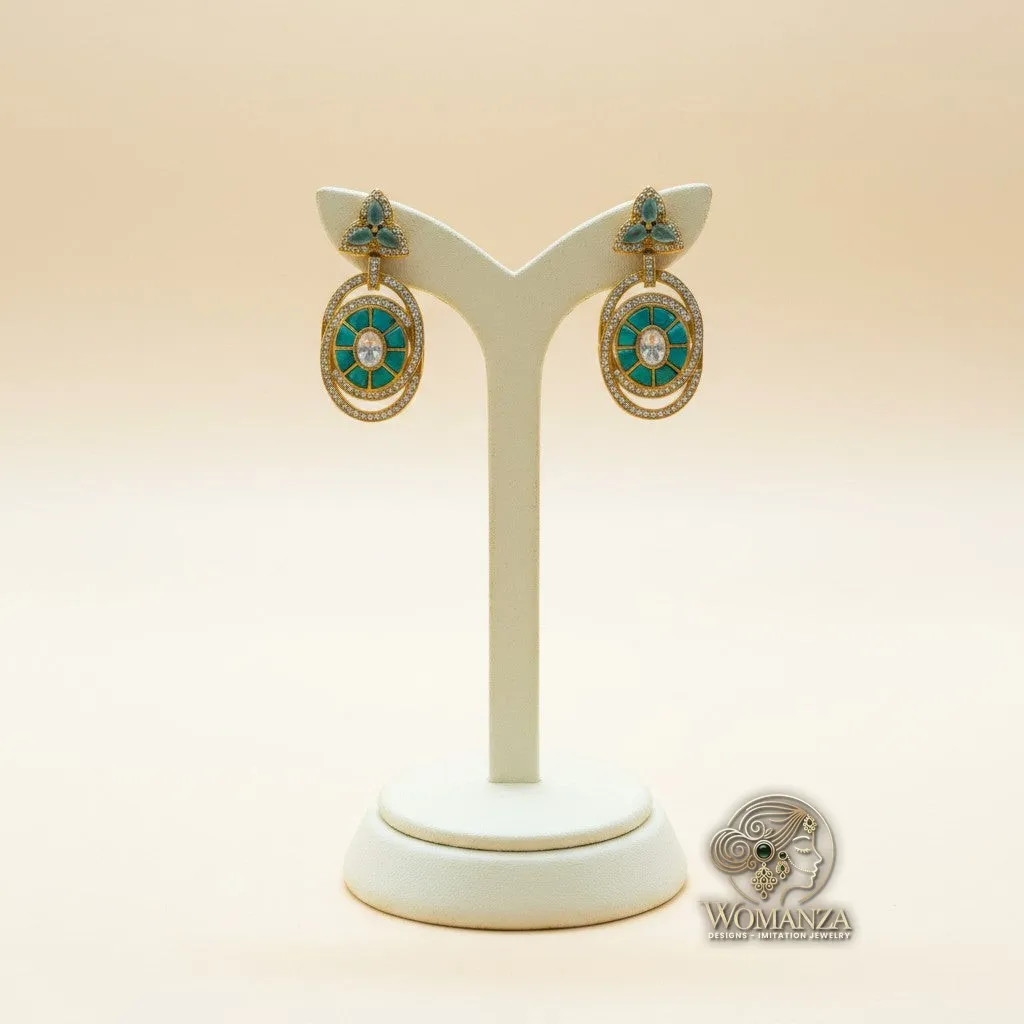Teal Regal Moissanite-Look Dangler Earrings with Enamel Spokes