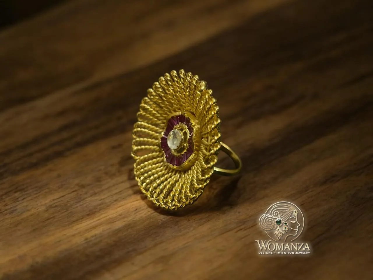 Surya Chakra Cocktail Ring with Ruby Baguettes & Kundan Centre