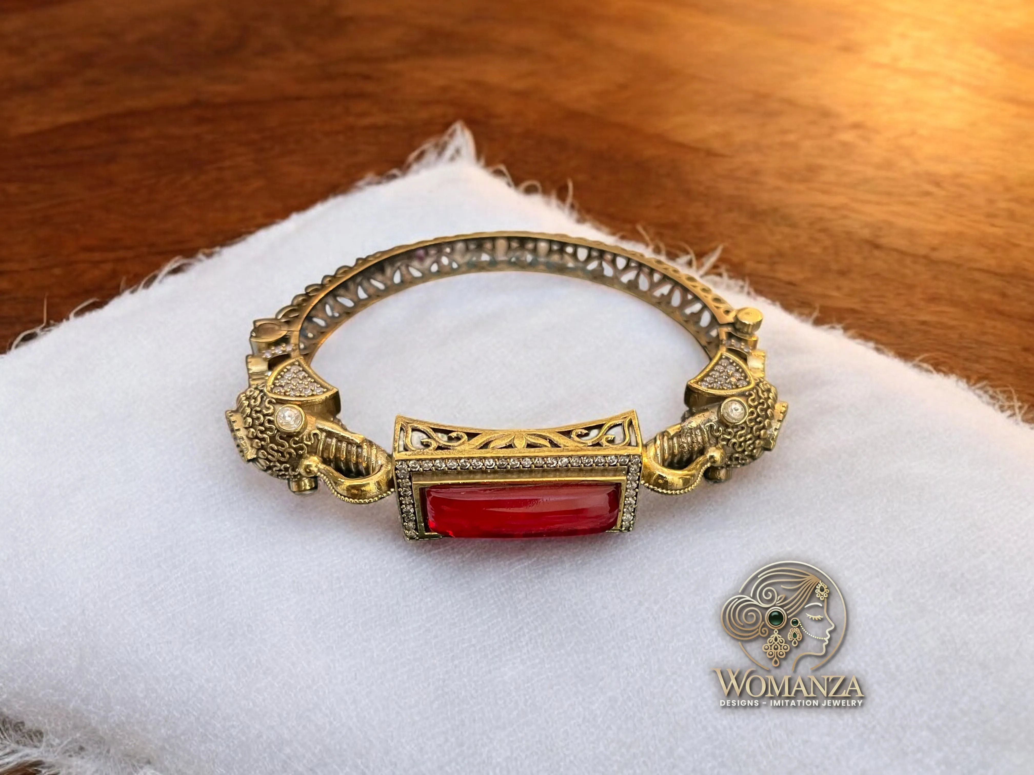 Red Stone Heritage Elephant Kada with Twin Elephant Heads & CZ Accents