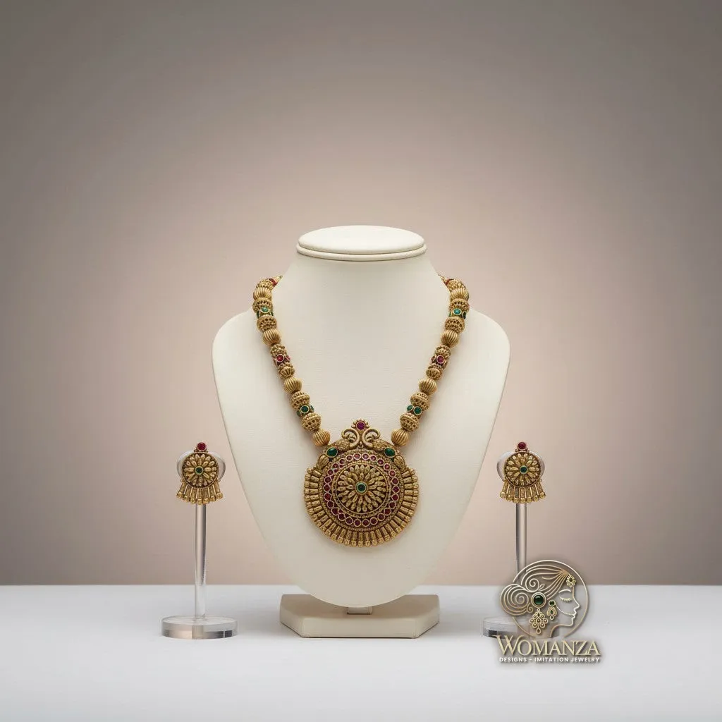 Antique Temple Medallion Necklace Set with Multi-Stone Jhumkas