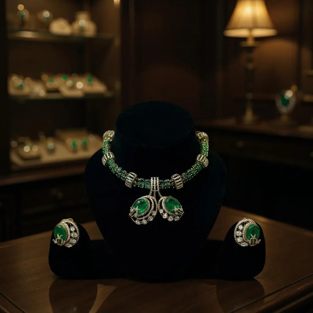 Emerald Panther Choker Necklace Set with Statement Rings