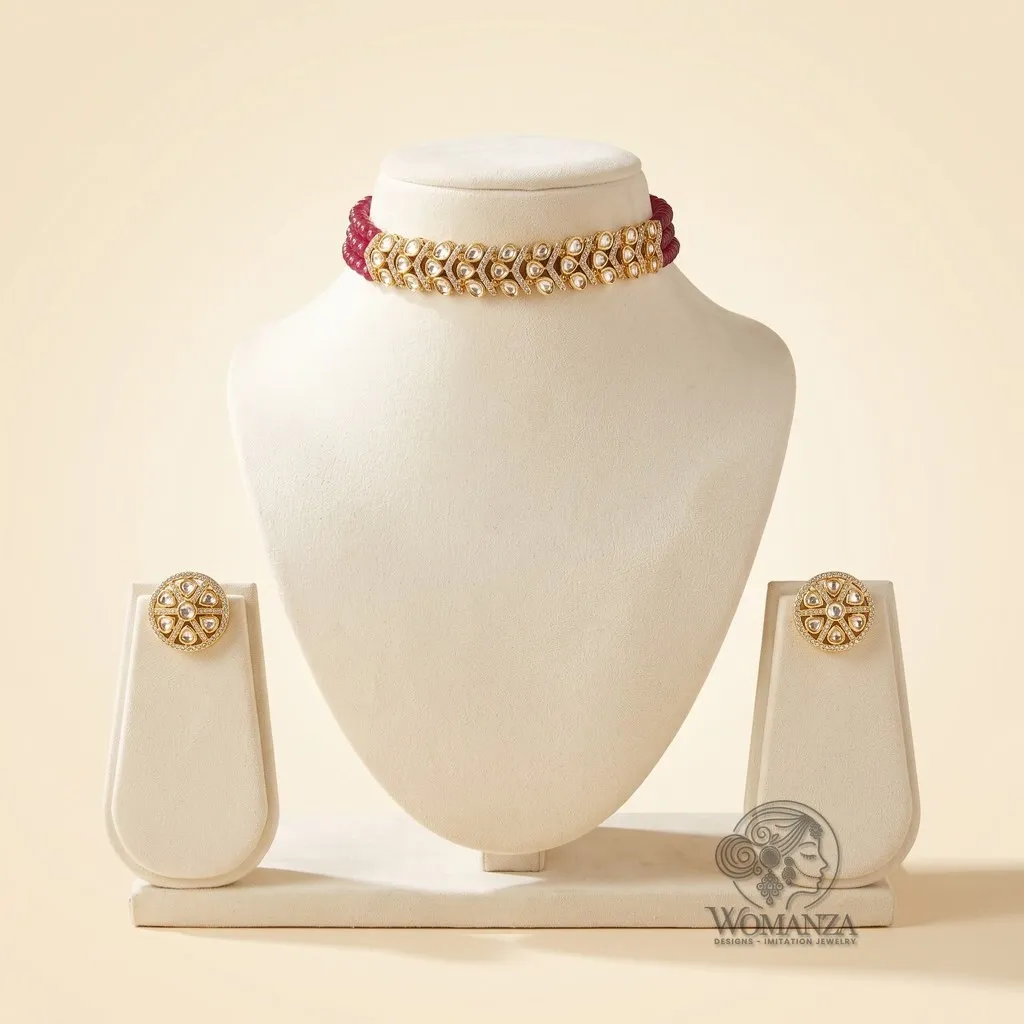 Chevron Polki Choker Set with Ruby-Toned Bead Strands & Floral Studs