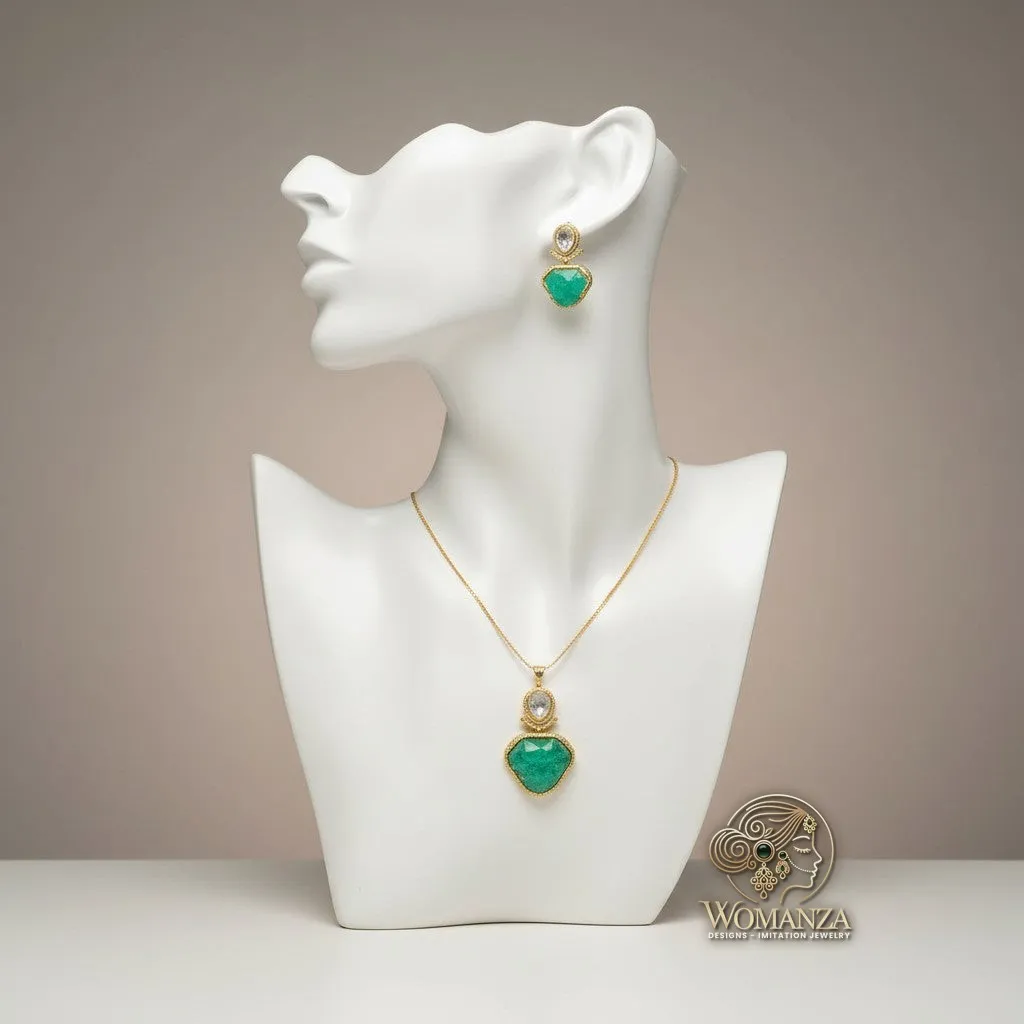 Emerald Stone Statement Pendant Set with Abstract-Cut Centre