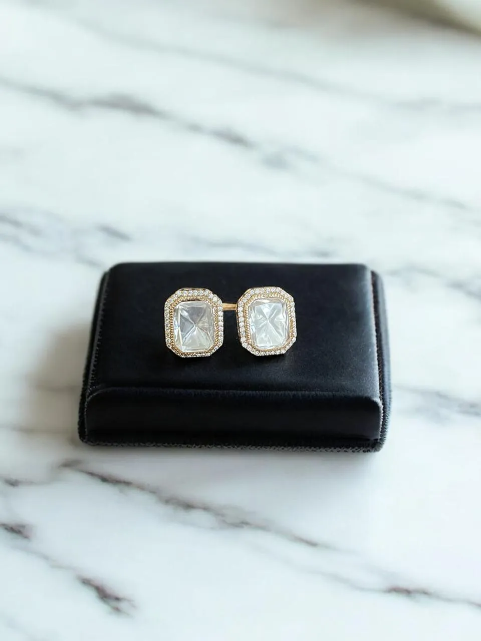 Crystal-Cut Rectangle Stud Earrings with Micro Sparkle Border