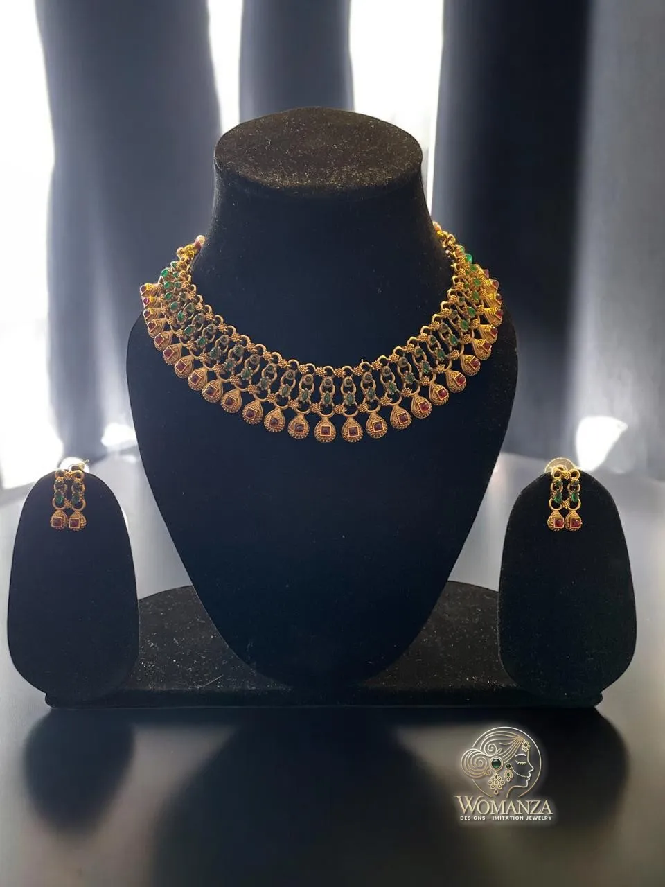 Heritage Emerald & Ruby Stone Collar Necklace Set with Peacock Motif