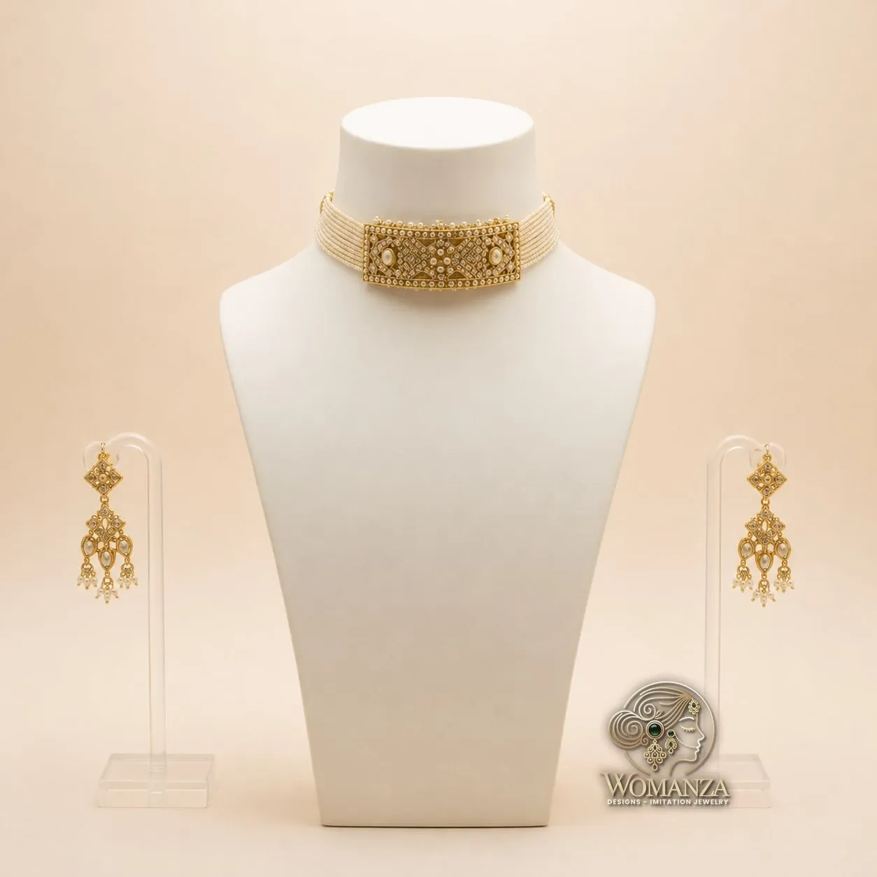 Royal Pearl & Kundan Choker Set with Chandelier-Style Earrings