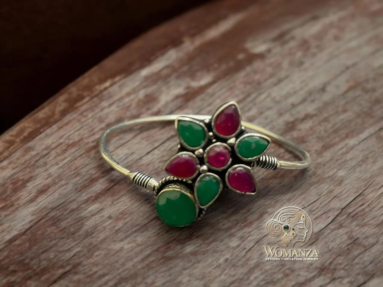 Red & Green Stone Floral Oxidised Adjustable Bangle