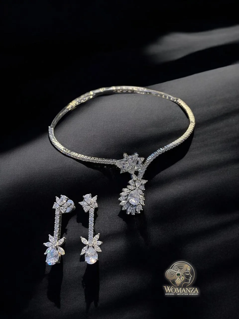 Floral Teardrop CZ Diamond-Look Necklace Set in Silver-Tone