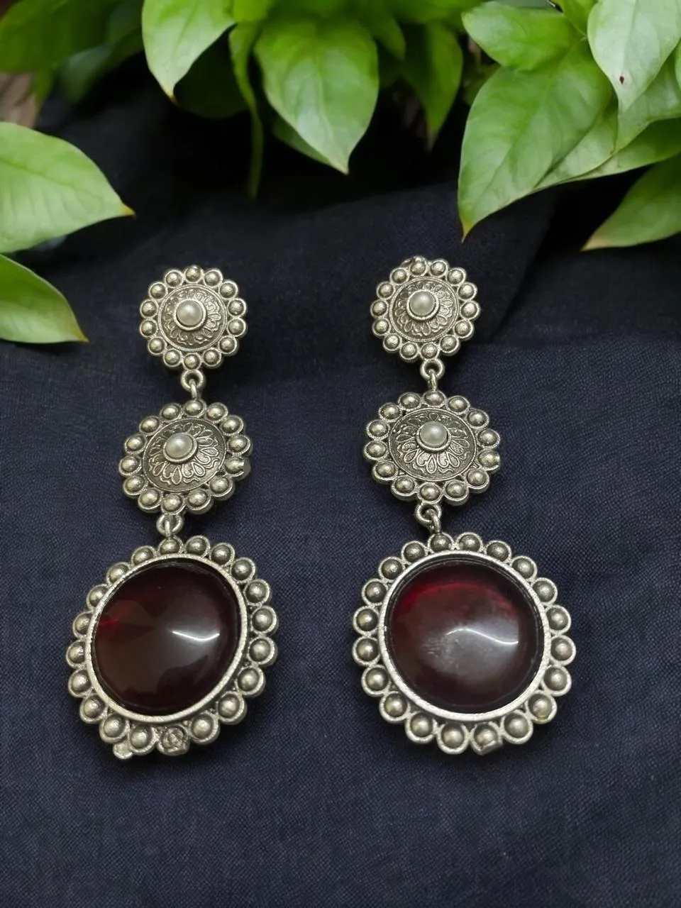Aarvika Floral Garnet Drop Earrings in Oxidised Silver