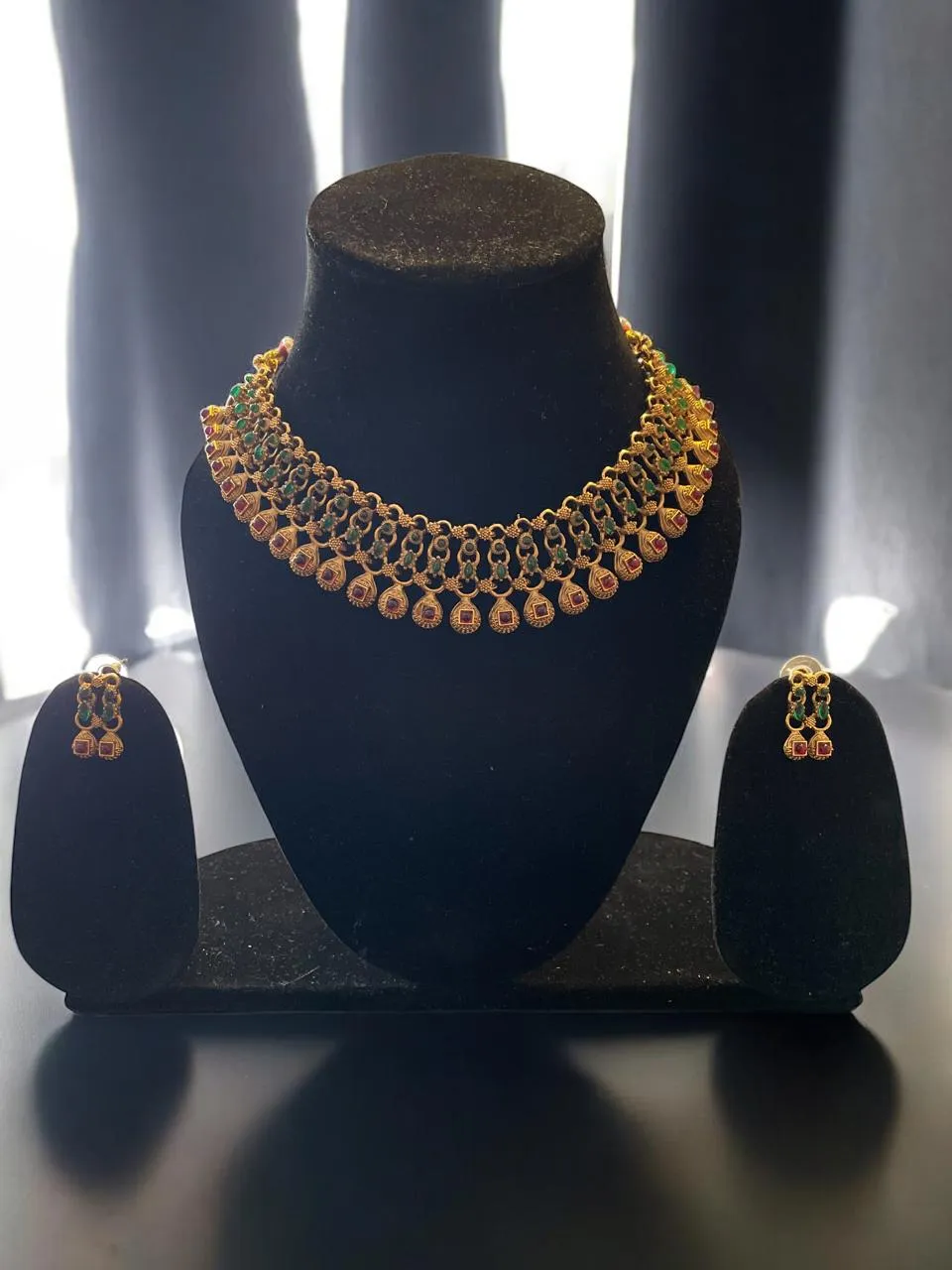Heritage Emerald & Ruby Stone Collar Necklace Set with Peacock Motif