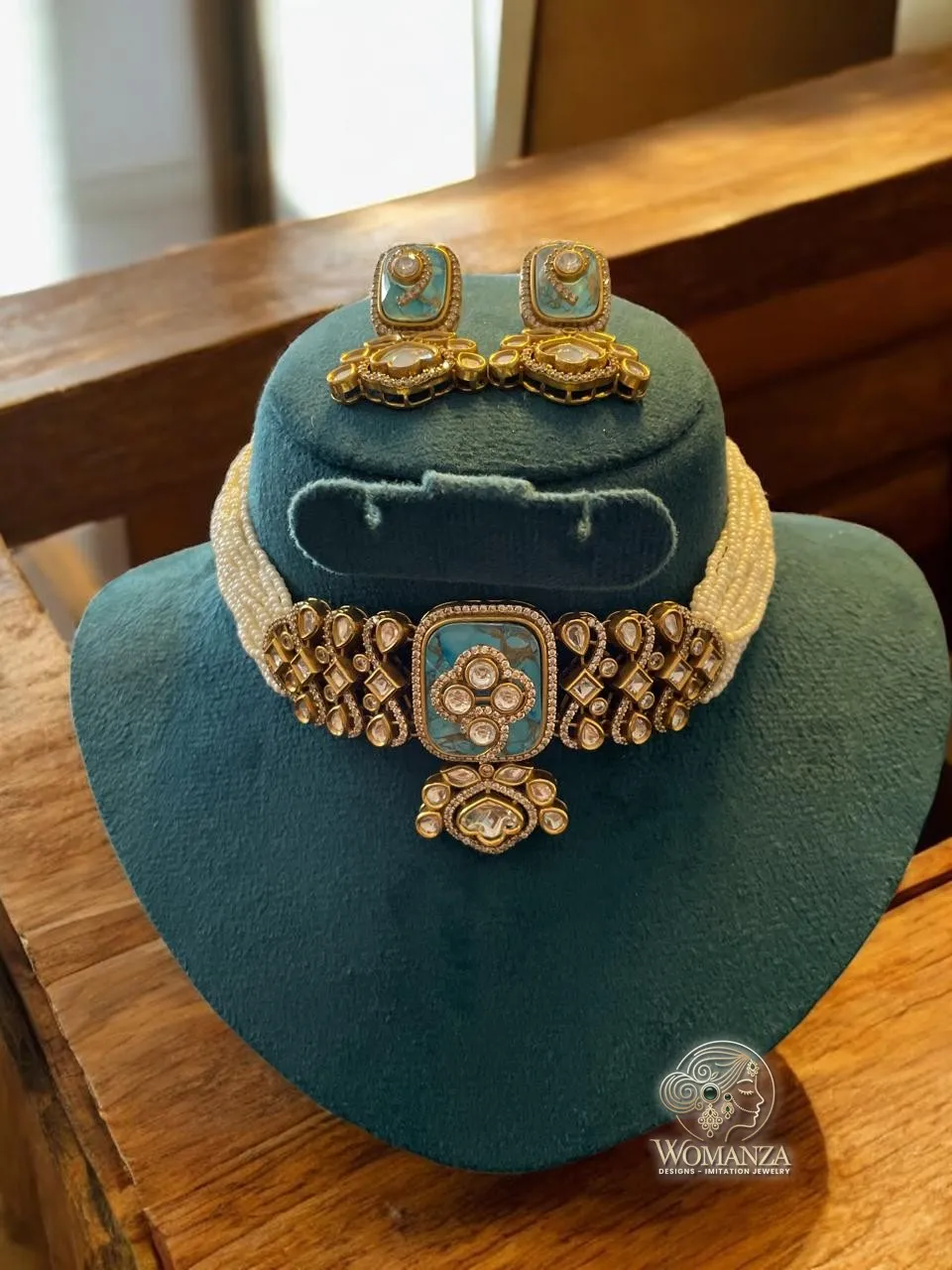 Turquoise & Pearl Multi-Strand Beaded Choker Set with Statement Earrings