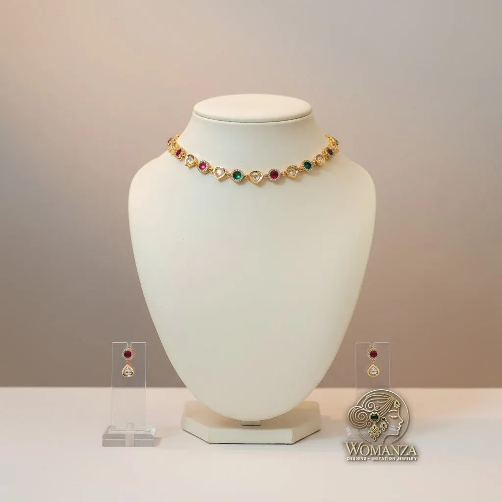 Multicolour Kundan Choker Necklace Set with Pear-Drop Earrings
