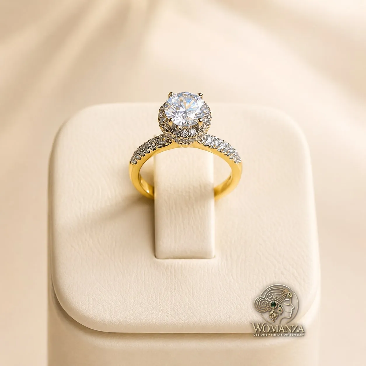 Gold-Tone Solitaire Ring with Brilliant-Cut CZ & Crystal Halo