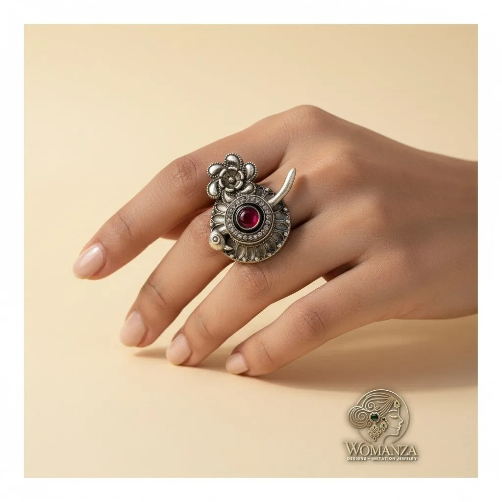 Floral & Bird Motif Oxidised Ring with Red Stone Accent