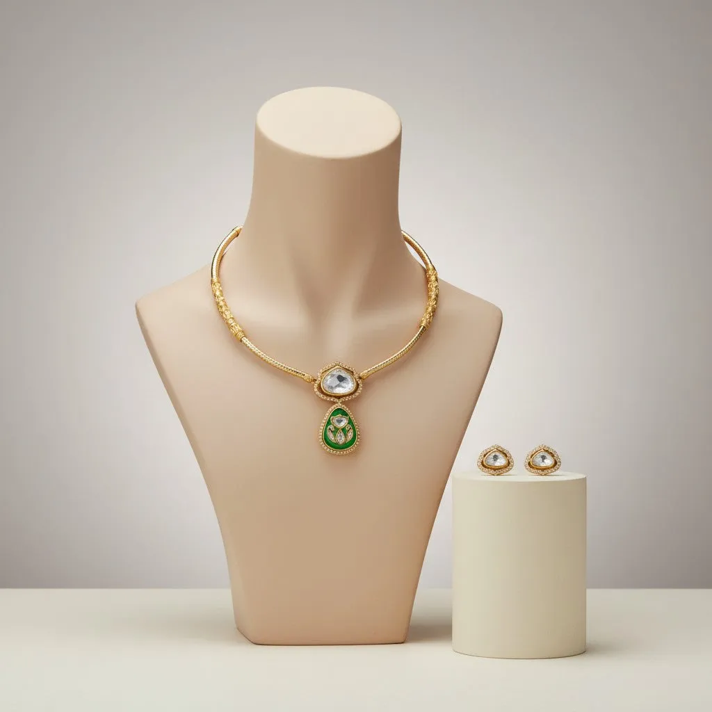 Noor-e-Gul Kundan Choker Necklace Set with Green Enamel Drop
