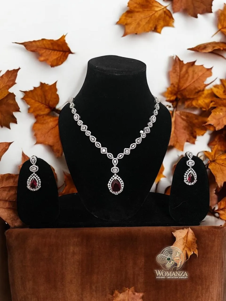Crimson Sparkle CZ Diamond Necklace Set with Red Teardrop Pendant