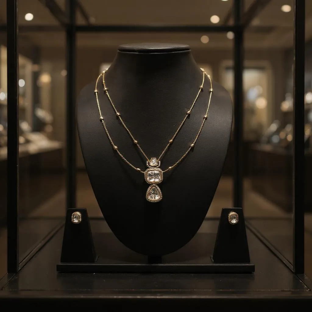 Polki Triple Drop Pendant Set with Dual Layer Chain