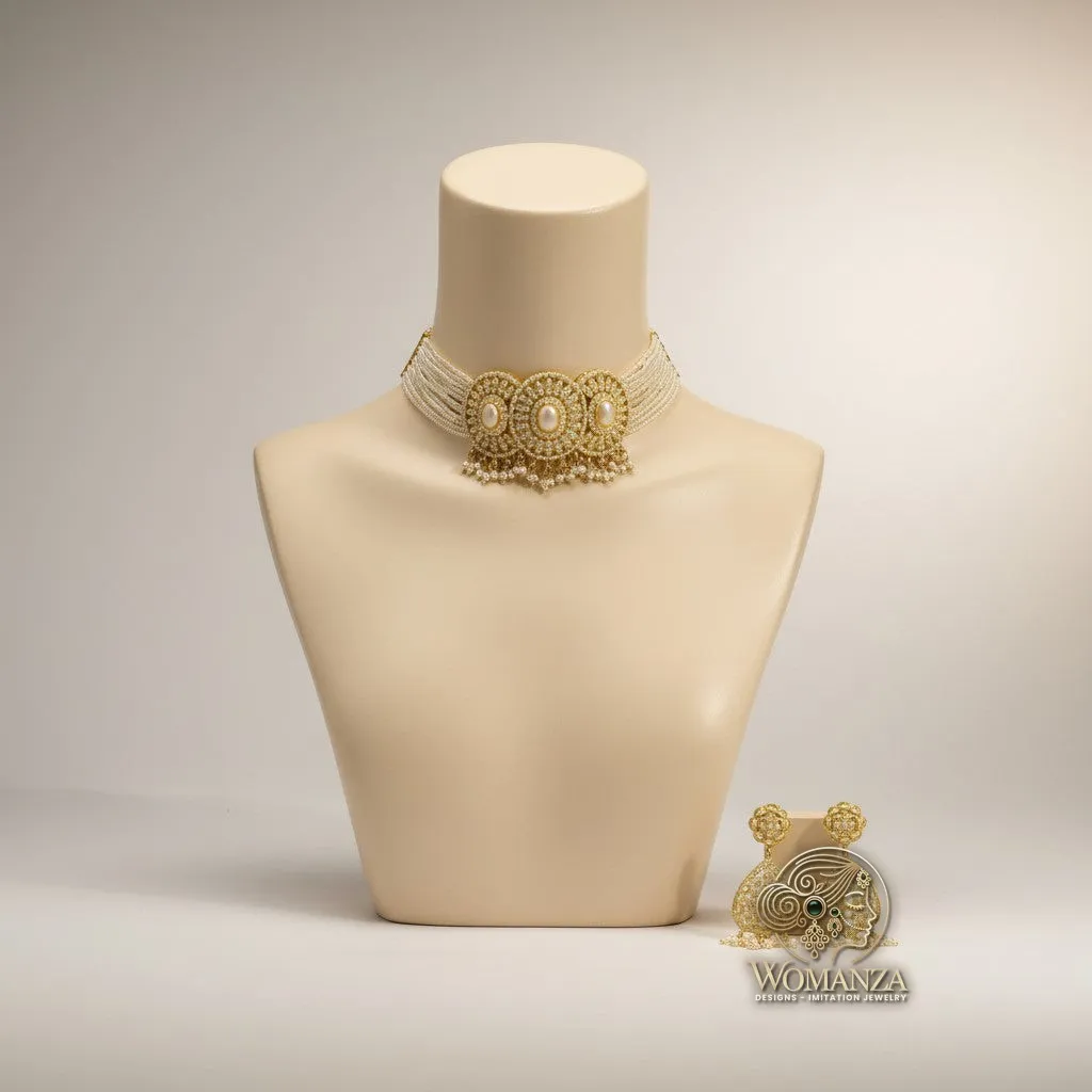 Regal Pearl Dome Choker Set with Filigree Detail & Jhumka Earrings