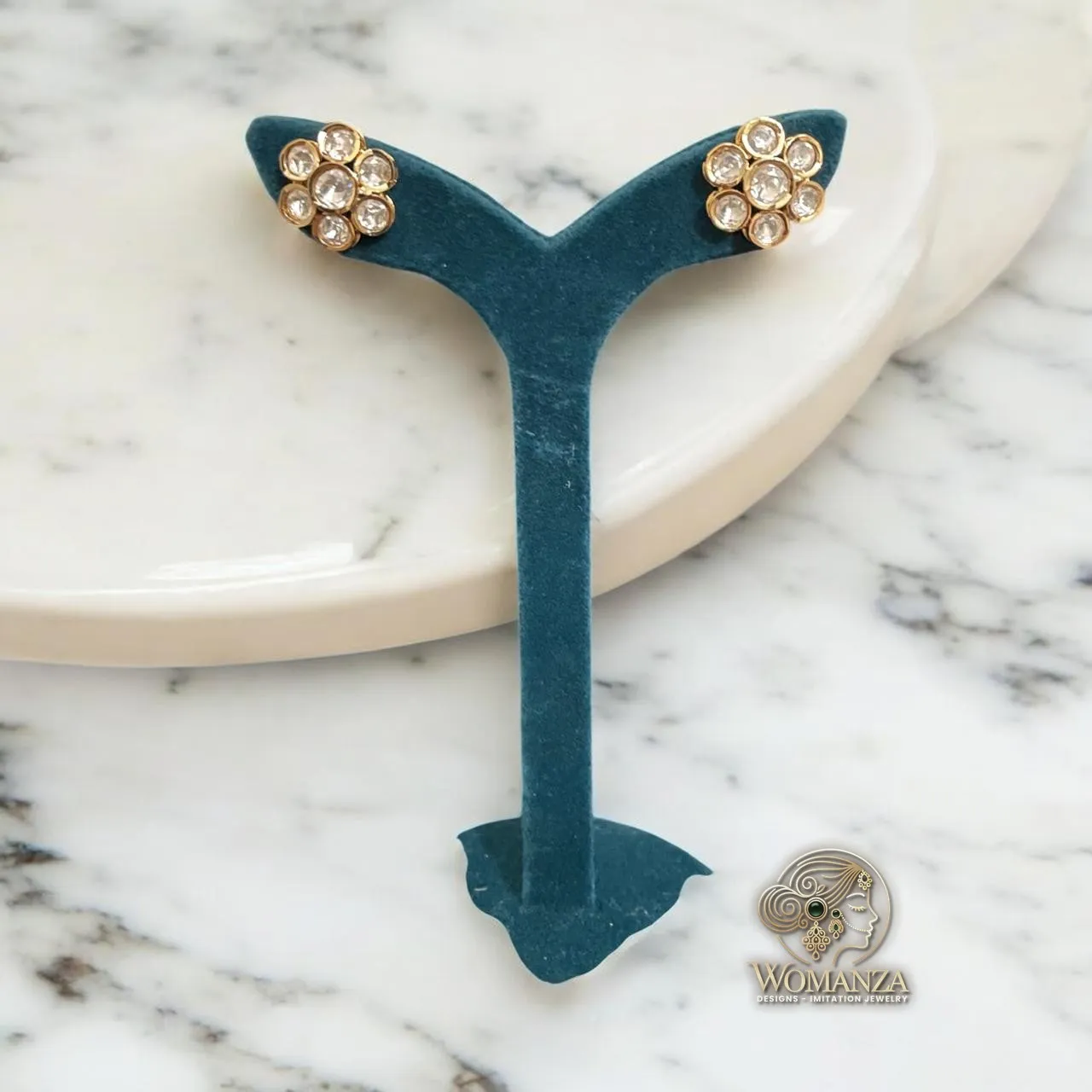 Minimal Floral Stud Earrings in Gold-Tone with Clear Stones